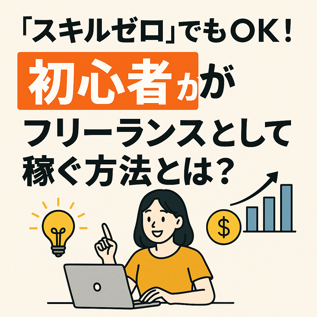 「スキルゼロ」でもOK！初心者がフリーランスとして稼ぐ方法を紹介するアイキャッチ画像。女性がパソコンで作業しながら、ひらめきや収入アップを示すアイコンが描かれている。