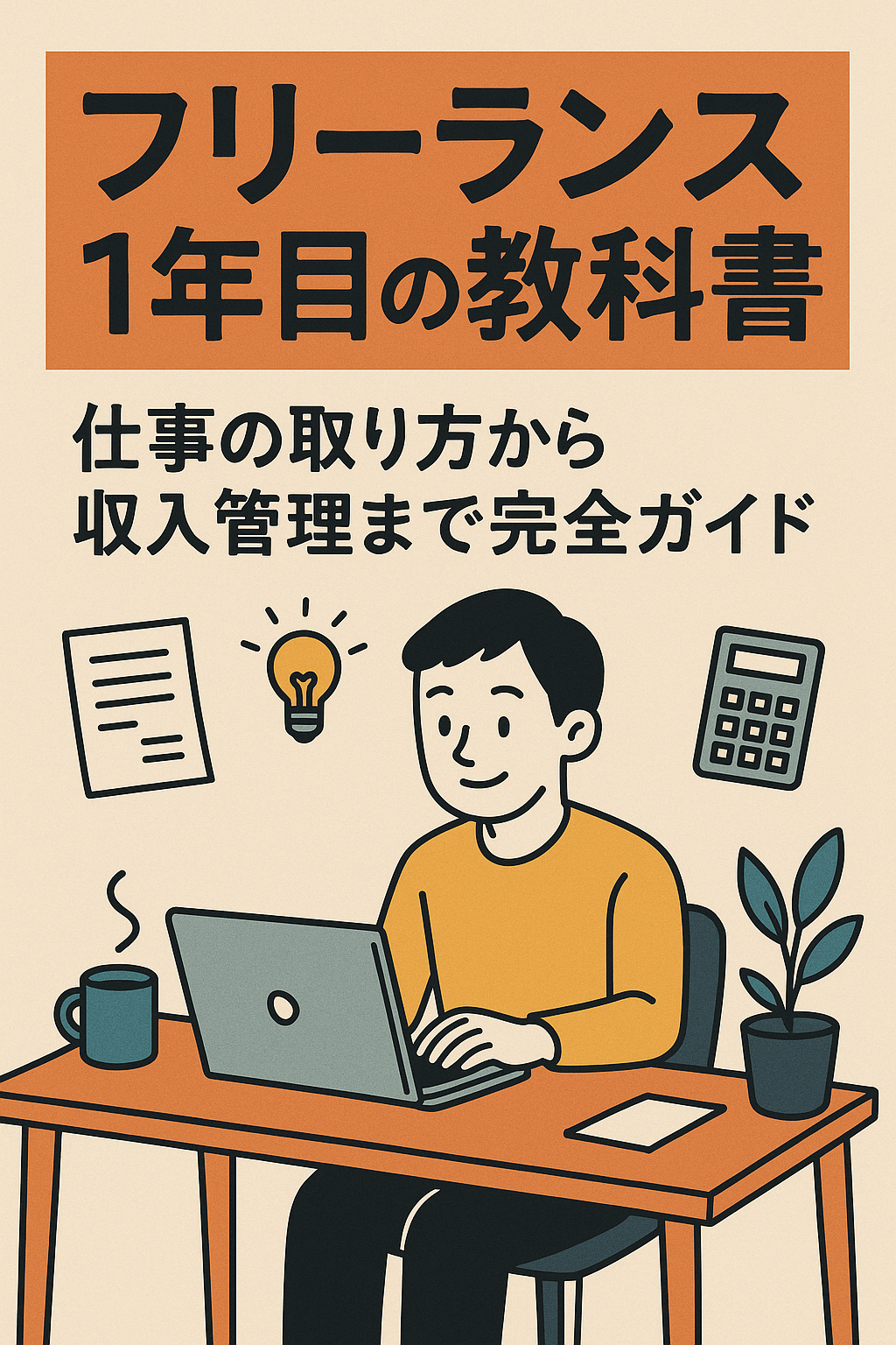 フリーランス1年目の教科書の表紙イラスト。机でノートパソコンを操作する人物と、コーヒーカップ、電球アイコン、電卓、観葉植物が描かれている。