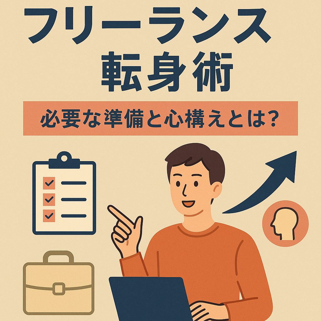 「20代・30代からのフリーランス転身術」のタイトルと、必要な準備や心構えを示すイラスト。パソコンを持つ人物とチェックリスト、矢印、ブリーフケースのアイコンが描かれている。
