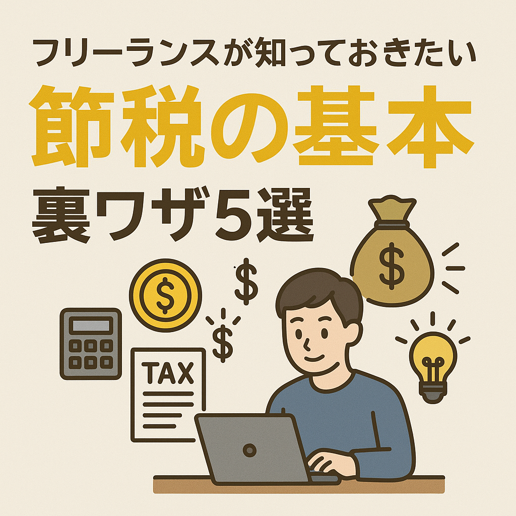 フリーランス向けの節税の基本と裏ワザ5選を紹介する日本語デザイン画像。パソコンを操作する男性、電球、電卓、TAX書類、コイン、札袋のイラスト付き。
