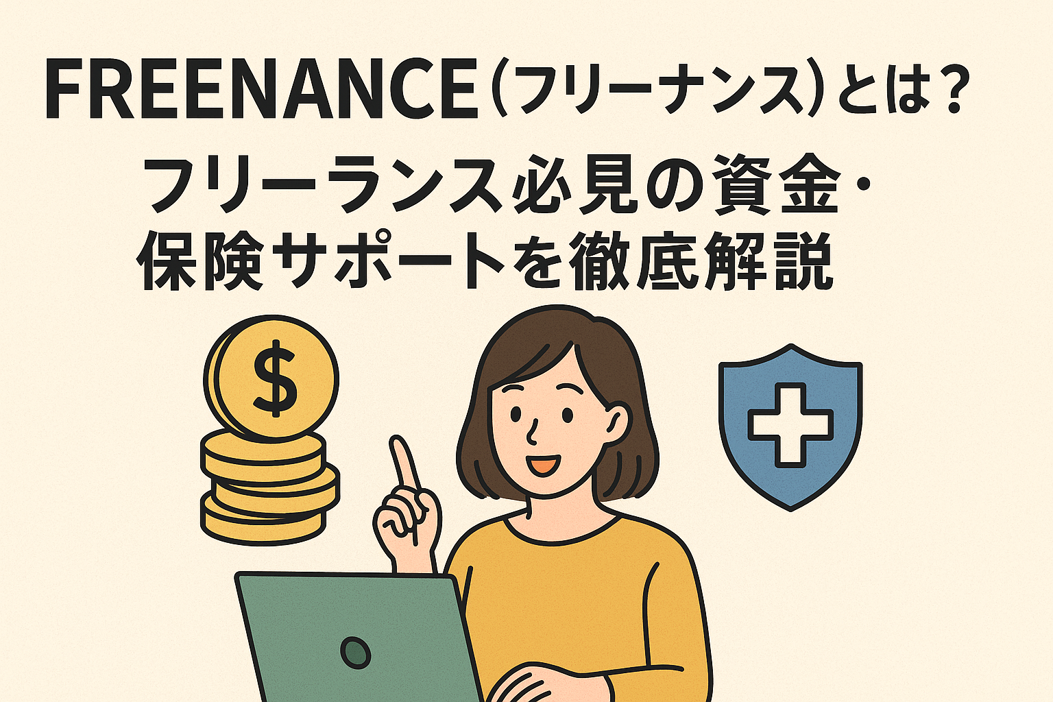 FREENANCE（フリーナンス）とは？フリーランス必見の資金・保険サポートを徹底解説するアイキャッチ画像。女性がパソコンを操作しながら資金と保険のアイコンを指し示しているイラスト。