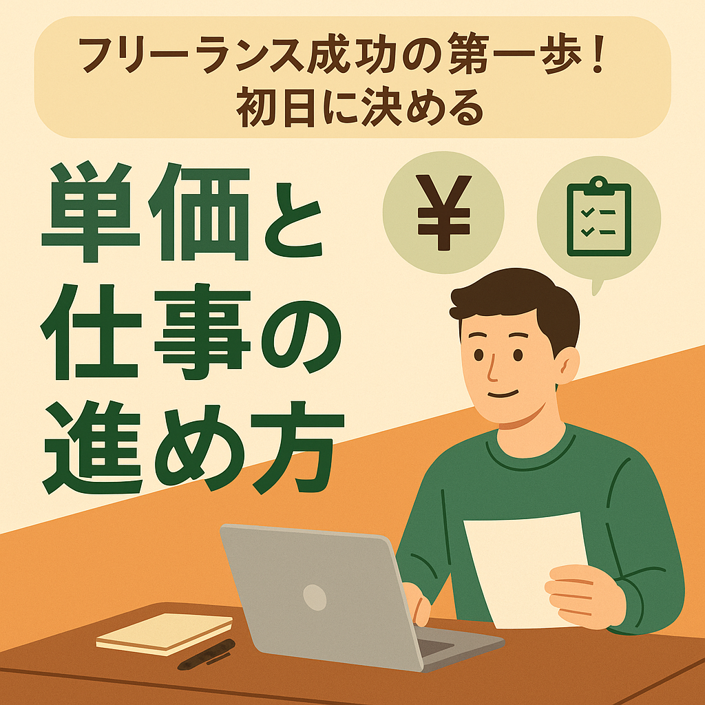 ノートパソコンの前で資料を手にする男性フリーランスのイラスト。背景には「円マーク」と「チェックリスト」のアイコン、見出しに「フリーランス成功の第一歩！初日に決める単価と仕事の進め方」と書かれた温かみのある配色のデザイン。