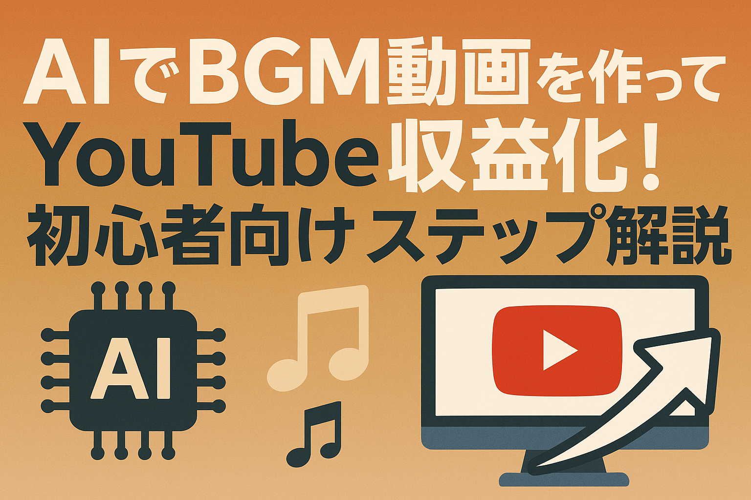 AIでBGM動画を作ってYouTube収益化を目指す初心者向け解説のサムネイル画像。AIチップ、音符、YouTubeロゴが描かれたオレンジ系の背景デザイン。