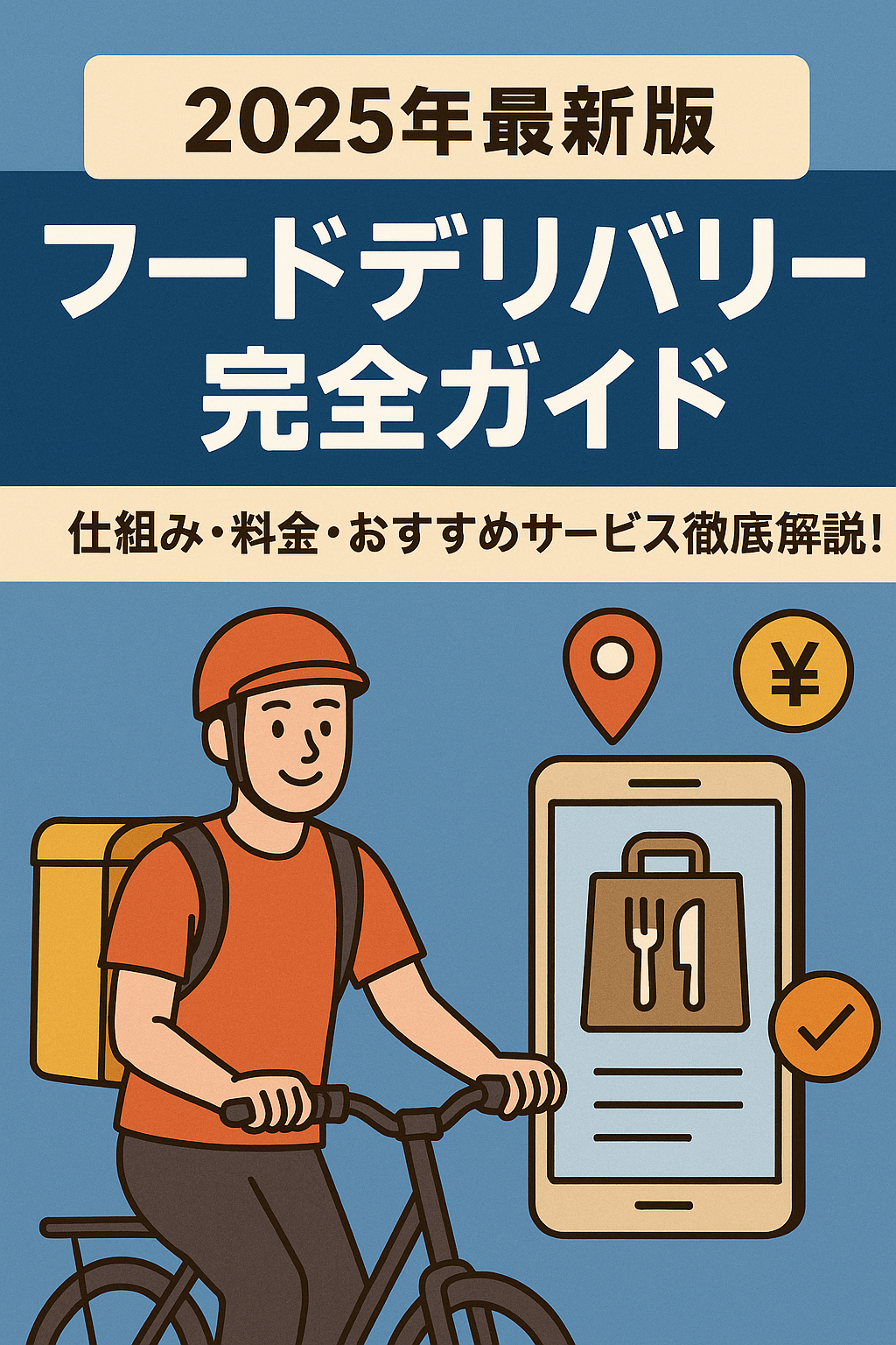 【2025年最新版】フードデリバリー完全ガイドのアイキャッチ画像。自転車に乗った配達員とスマホ画面、位置情報・料金アイコンが描かれ、仕組み・料金・おすすめサービスの文字が並ぶ。