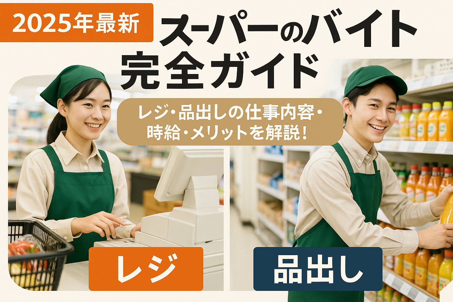 2025年最新版スーパーのバイト完全ガイド。レジ業務中の女性スタッフと品出し作業中の男性スタッフが笑顔で働く様子。