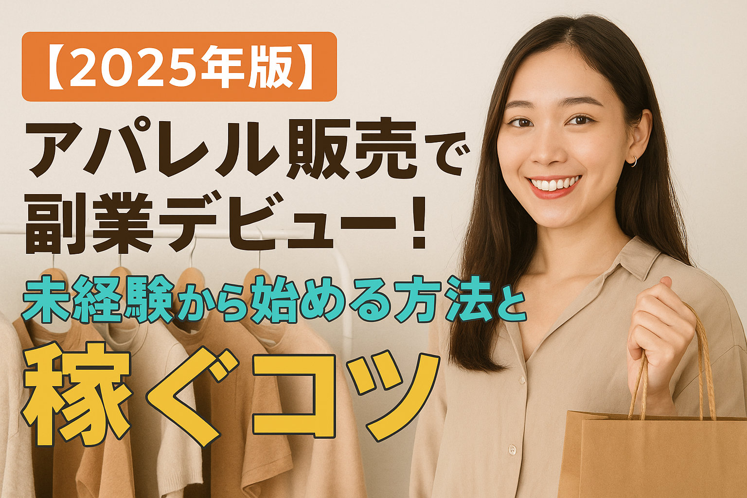 笑顔の女性が紙袋を手に持ち、背景にアパレルショップの洋服ラックが並ぶ【2025年版】アパレル販売副業ガイドの宣伝画像