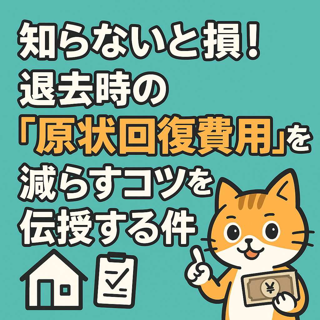 退去時の原状回復費用を節約する方法を解説する記事アイキャッチ画像。お得ネコのキャラクターが家とお金を背景に笑顔でポイントを示しているイラスト。