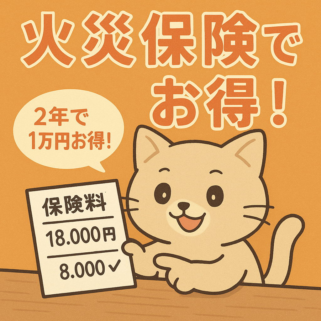 ぬいぐるみ風のお得ネコが、火災保険の比較表を持って「2年で1万円お得！」と伝えているイラスト。背景はオレンジ色で節約感を演出。