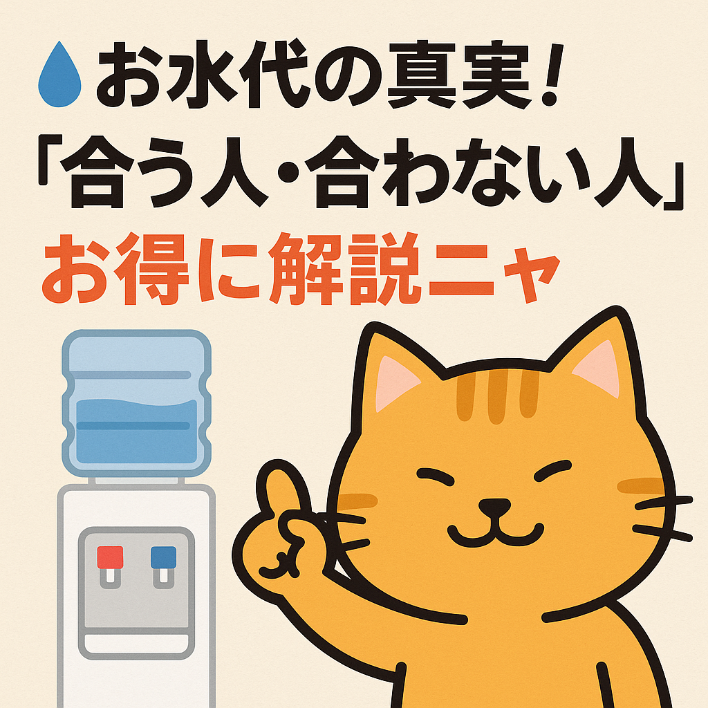 「お得ネコ」がウォーターサーバーの前で節約ノートを持ちながら、「合う人・合わない人」を解説しているイラスト。水色の背景に水滴のデザインと、タイトル『💧お水代の真実！ウォーターサーバーが“合う人・合わない人”をお得に解説ニャ』が大きく描かれている。