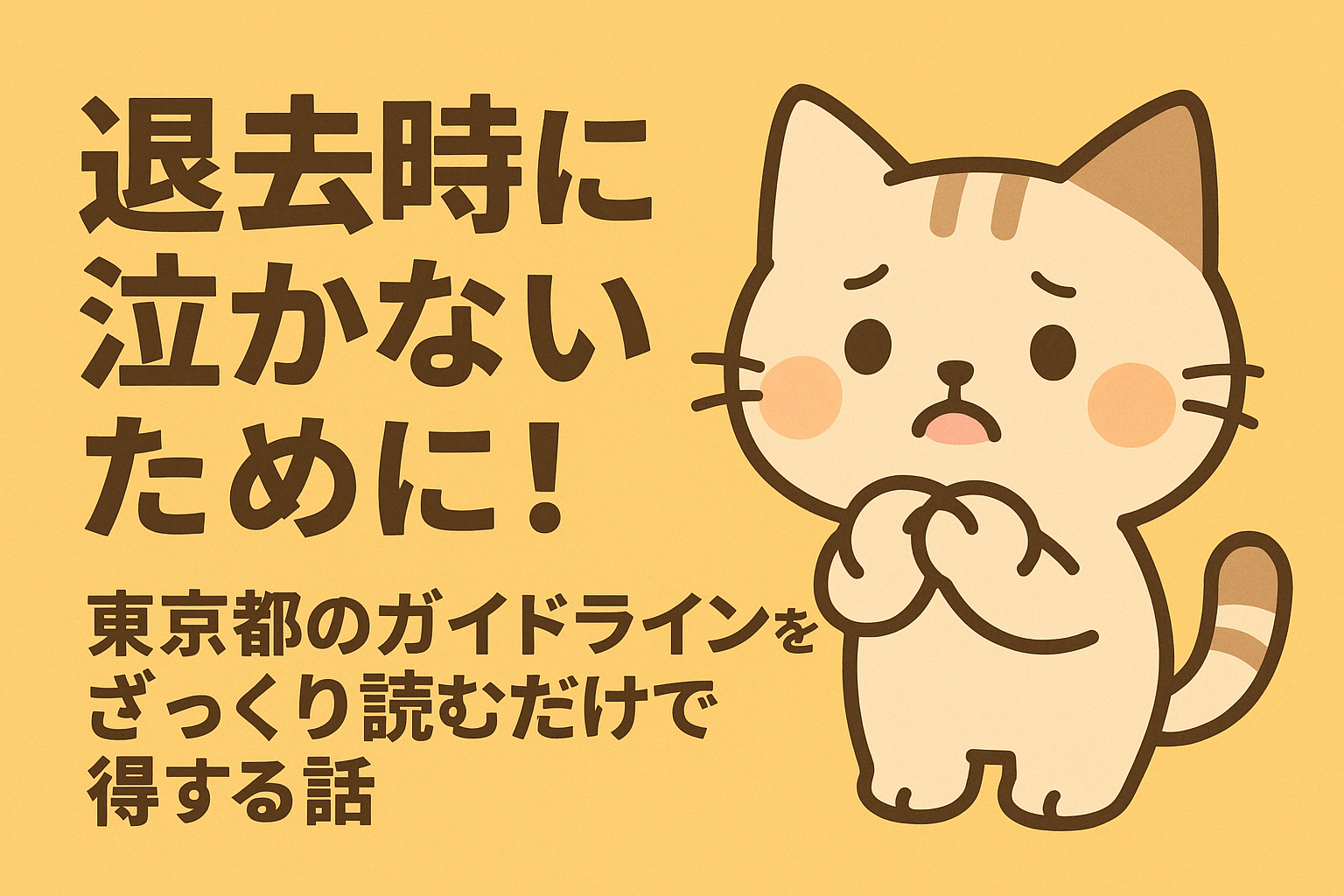 東京都の賃貸ガイドラインを読む猫キャラクター「お得ネコ」。退去トラブルを防ぐための本を開きながら、得するポイントを学んでいる様子のイラスト。