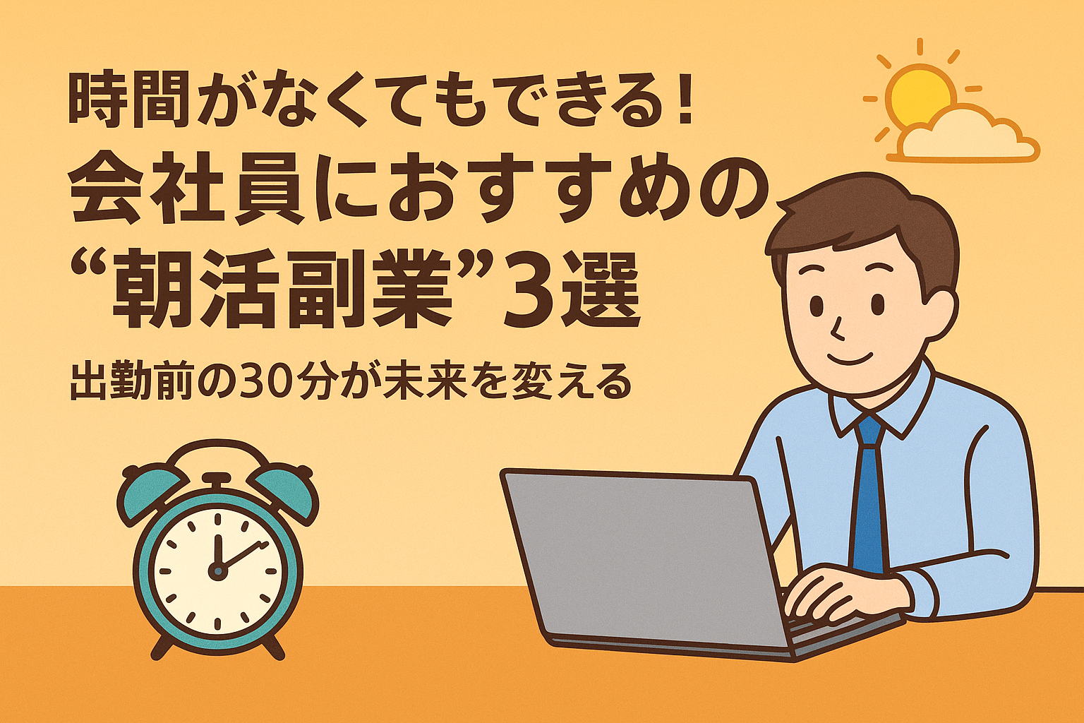 早朝の自宅でノートパソコンを使って副業に取り組む会社員の男性のイラスト。朝日が差し込む静かな部屋の中で、コーヒー片手に仕事をする様子が描かれている。