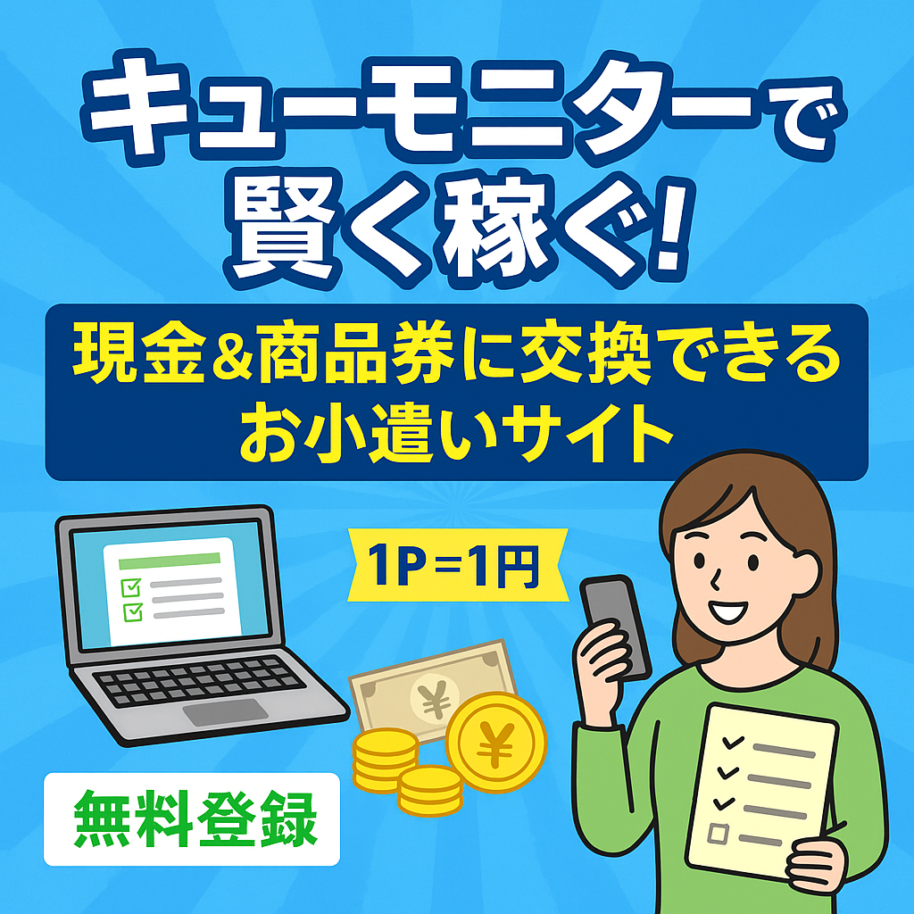 キューモニターの紹介バナー。スマホを持った女性やアンケート画面、現金とコインのイラストとともに「無料登録」「1P=1円」「現金＆商品券に交換できる」などのメッセージが表示されている。