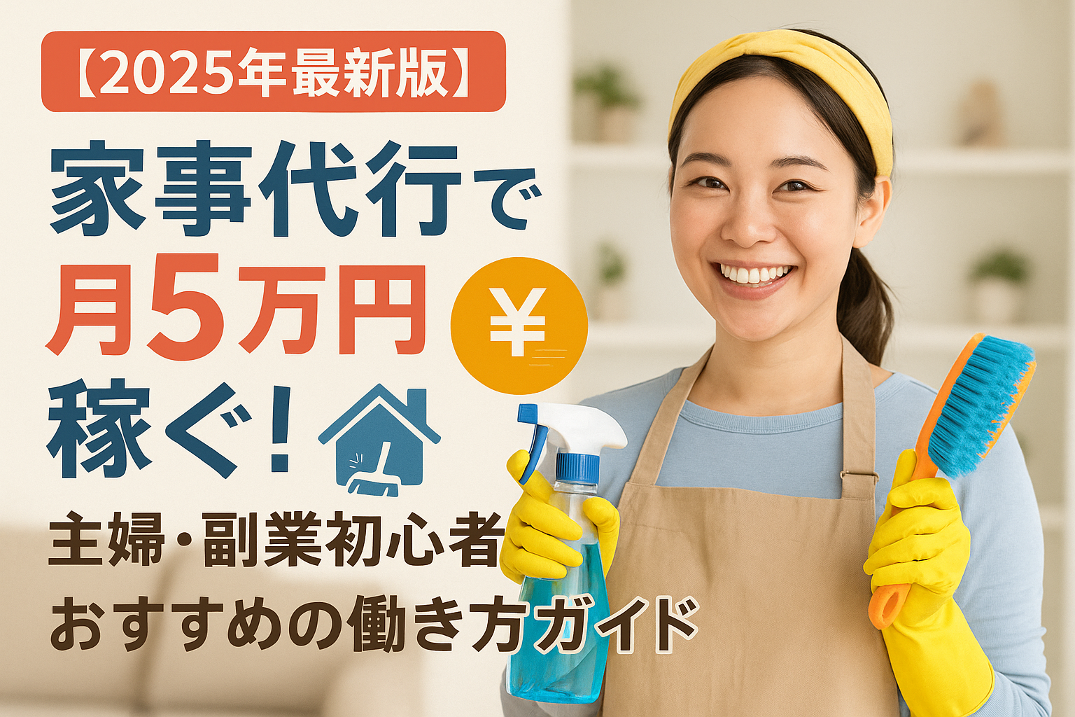 笑顔の女性がエプロンと黄色い掃除用手袋を身につけ、スプレーボトルとブラシを持ちながら「家事代行で月5万円稼ぐ！」というタイトルが表示された副業紹介用の日本語アイキャッチ画像
