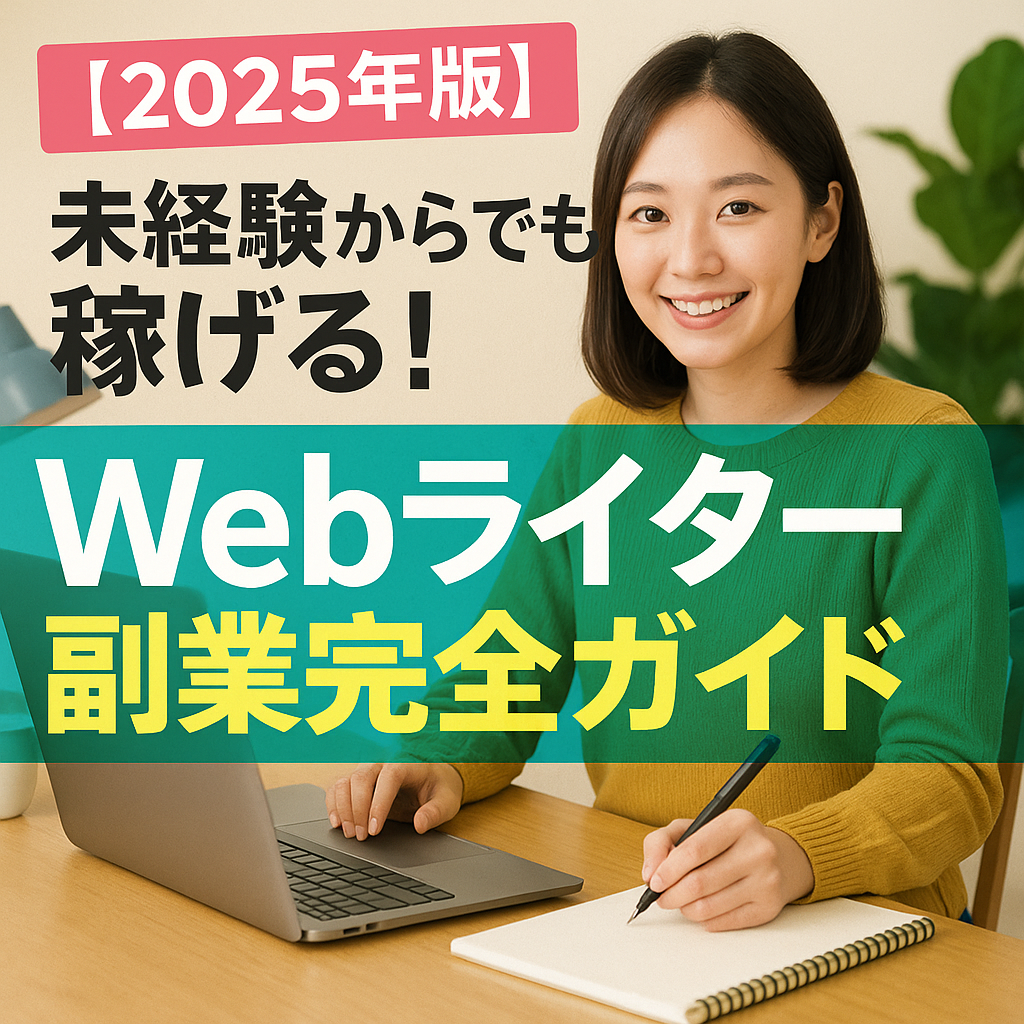 「ノートパソコンとノートを使いながら笑顔で作業する女性。『2025年版 未経験からでも稼げる！Webライター副業完全ガイド』のタイトル入り。」