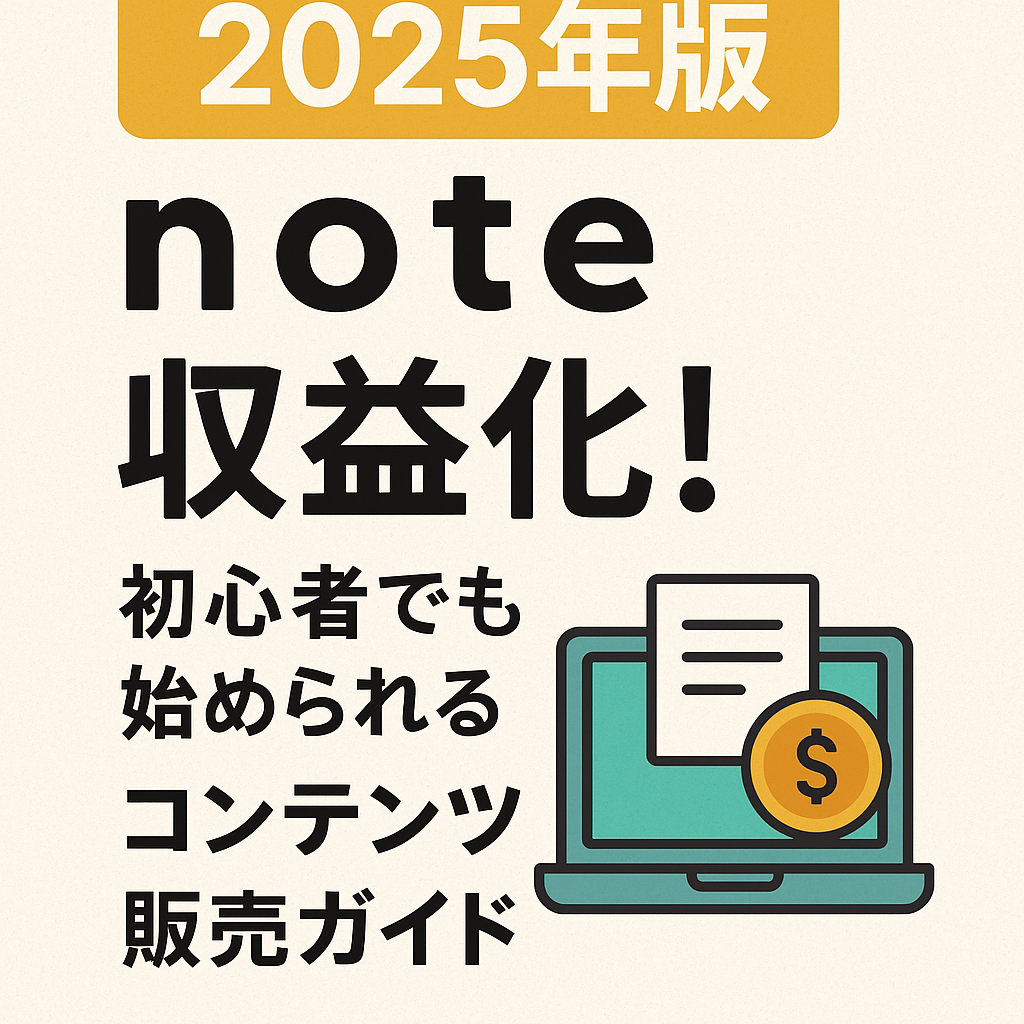 「2025年版 note収益化！初心者でも始められるコンテンツ販売ガイド」と書かれたテキストと、ノートパソコンとコインのイラストが描かれたハイキャッチ画像。