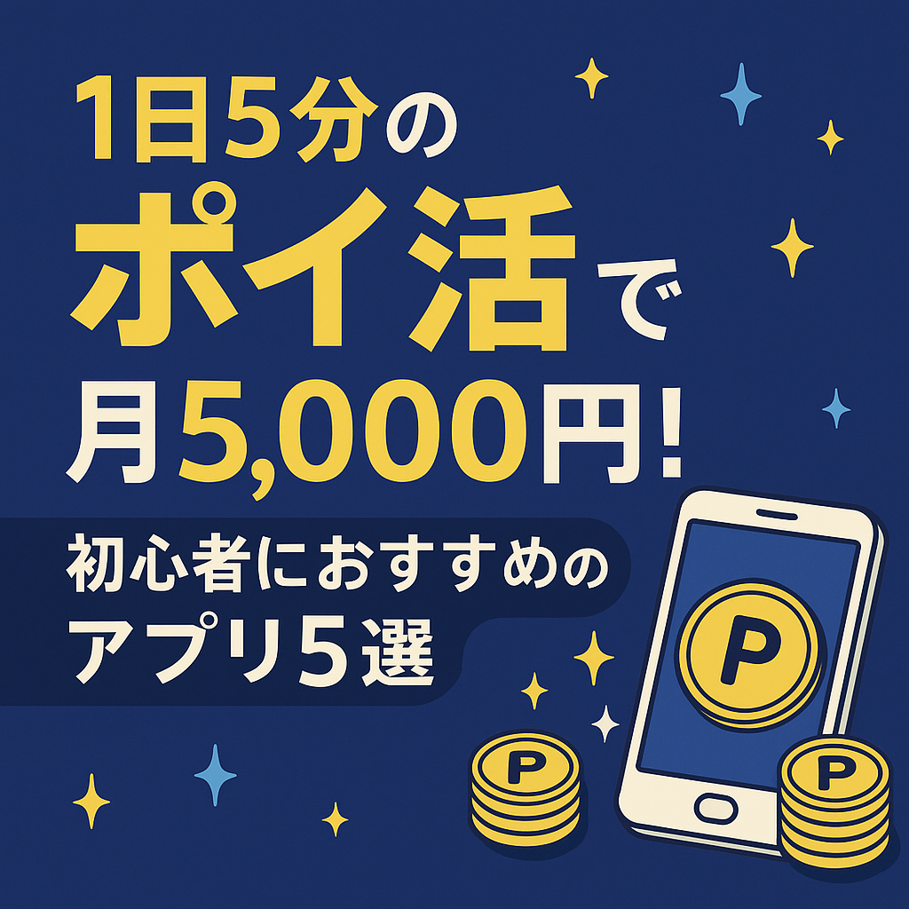 「スマートフォンを操作しながら笑顔でポイ活を楽しむ女性。周囲にはポイントマークやコイン、アプリのアイコンが散りばめられたポップなイラスト。」