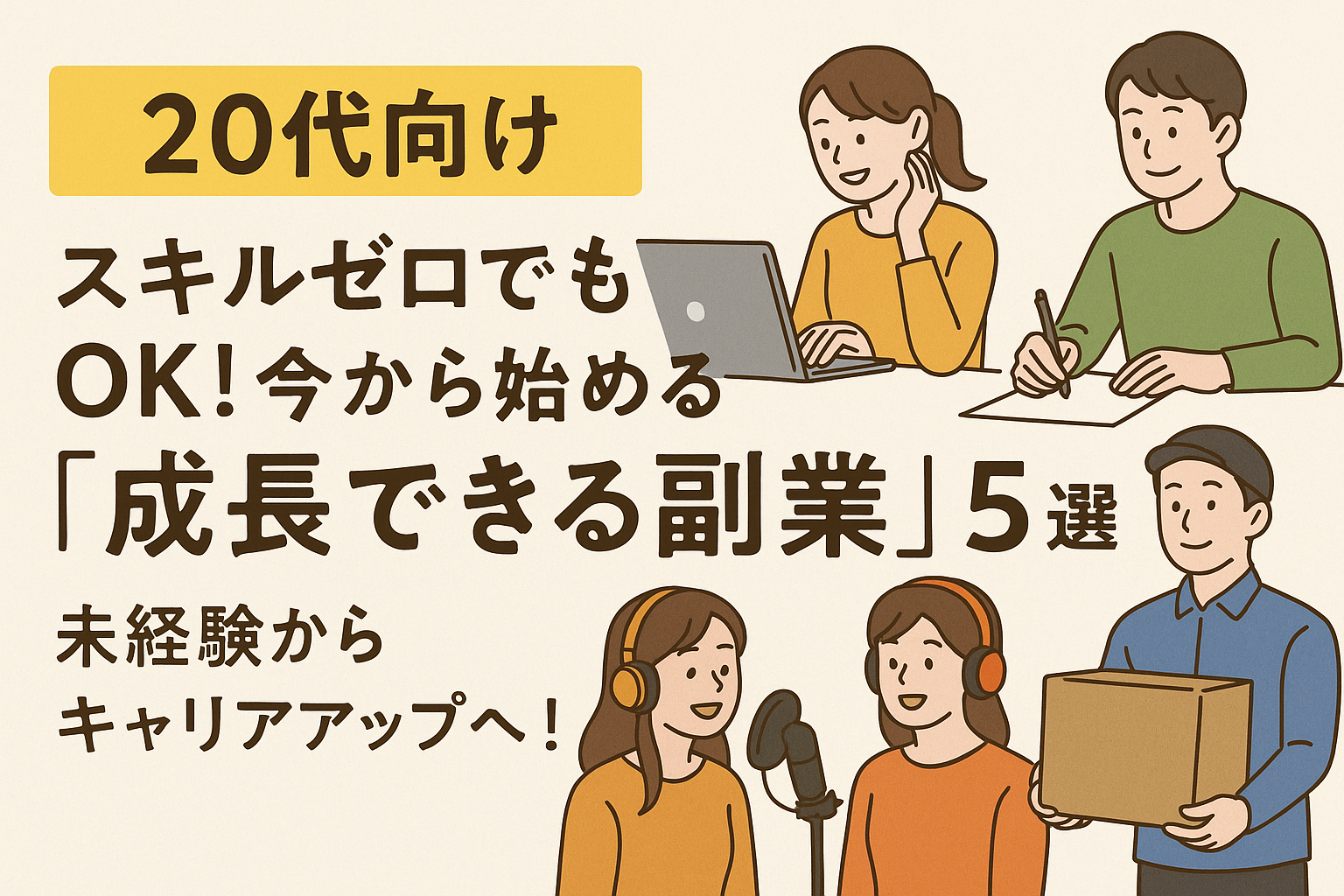20代向けの副業紹介バナー。左側には「スキルゼロでもOK！今から始める『成長できる副業』5選｜未経験からキャリアアップへ！」という目立つ文字が配置され、右側にはパソコン作業、ライティング、音声配信、宅配などの仕事に取り組む若い男女のイラストが描かれている。全体的に柔らかい色合いで親しみやすい印象のデザイン。