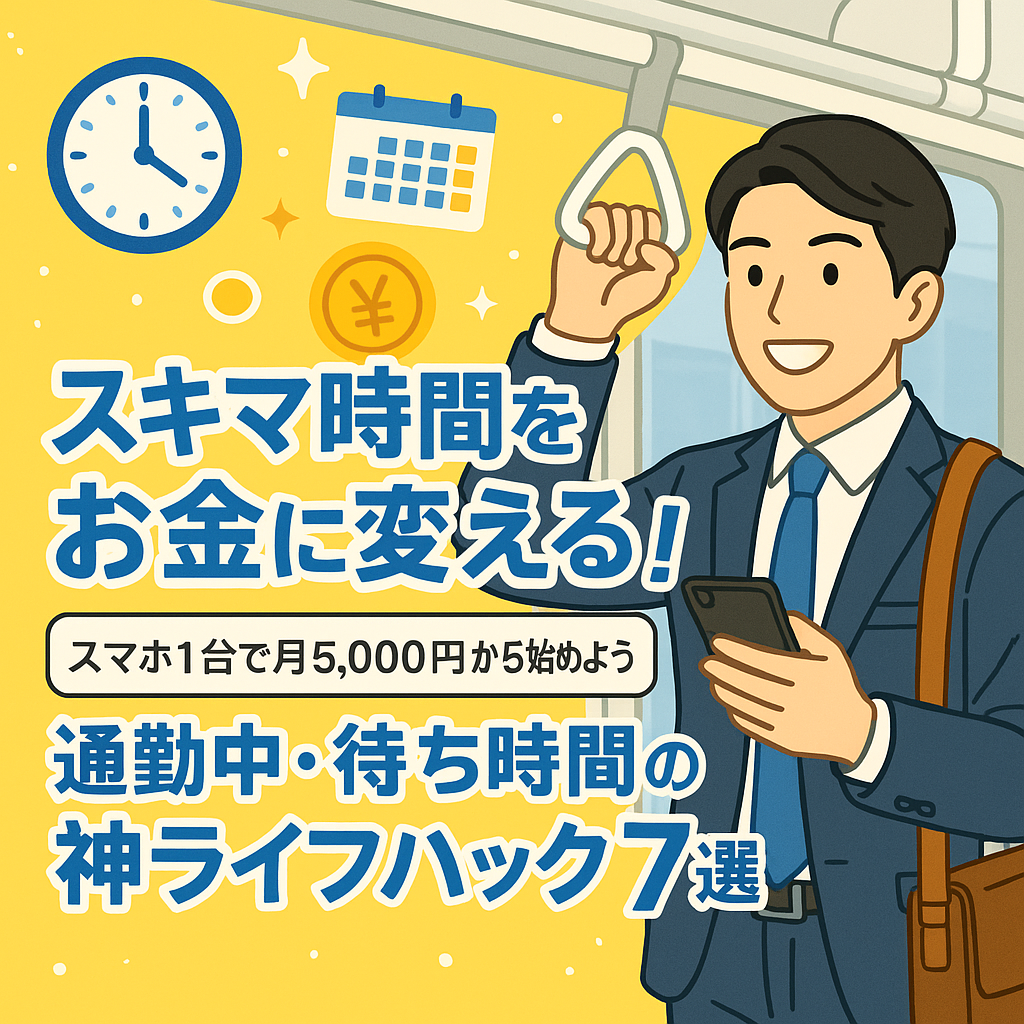 スーツ姿のビジネスマンが電車内でスマートフォンを操作しており、背景には時計、カレンダー、円マークなどのアイコンが浮かぶ。黄色を基調とした明るい背景に「スキマ時間をお金に変える！通勤中・待ち時間の神ライフハック7選」というテキストが表示されている。