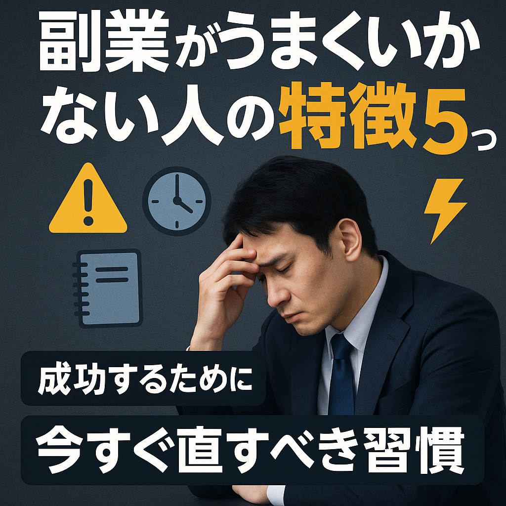 スーツ姿の男性が頭を抱えて悩んでいる姿とともに、「副業がうまくいかない人の特徴5つ」「成功するために今すぐ直すべき習慣」という日本語テキストが配置された暗めの背景のアイキャッチ画像。注意マークや時計、稲妻などのアイコンも添えられている。