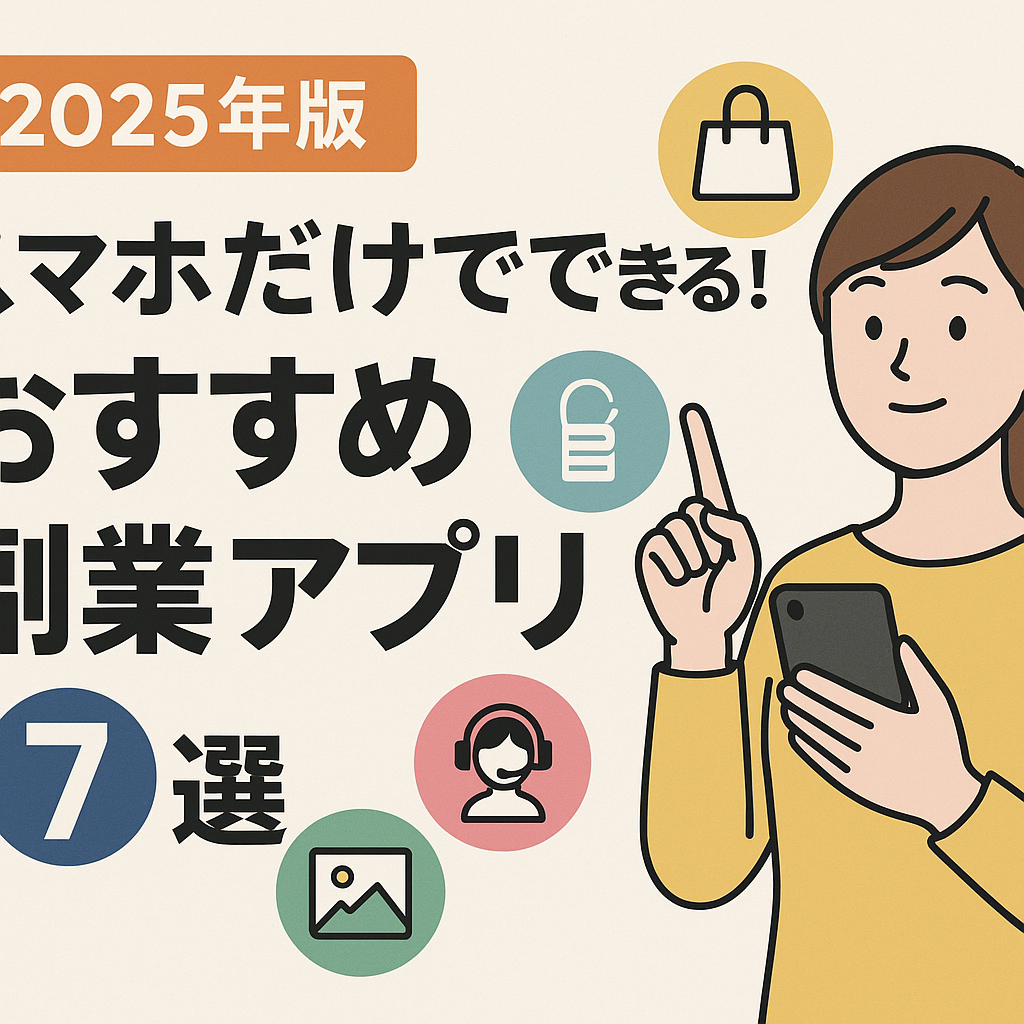 「2025年版 スマホだけでできる！おすすめ副業アプリ7選」のアイキャッチ画像。スマートフォンを持つ若い女性が指を立てて解説するポーズをとっており、背景にはショッピングやチャット、画像などのアプリをイメージしたカラフルなアイコンが配置されている。左側には大きく太字でタイトルが日本語で書かれている。