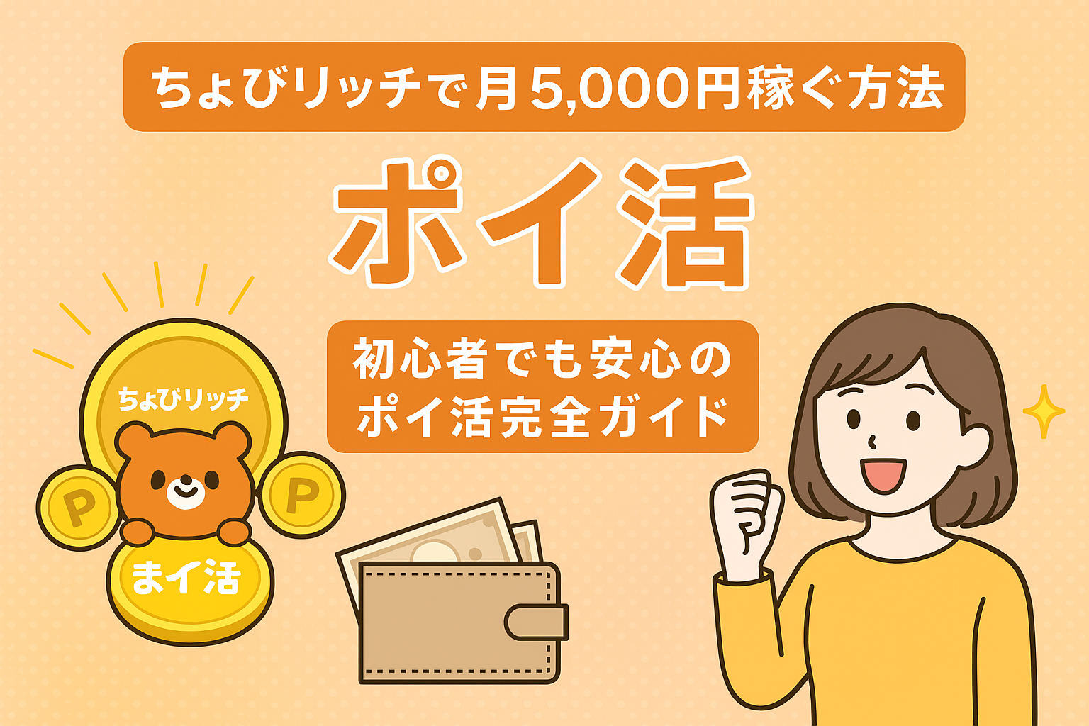 「ちょびリッチで月5,000円稼ぐ方法｜初心者でも安心のポイ活完全ガイドを紹介するイラストバナー」